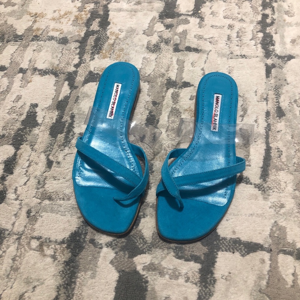 New Manolo Blahnik Blue Teal Susina Crisscross Toe-Strap Flat Sandals Size 37